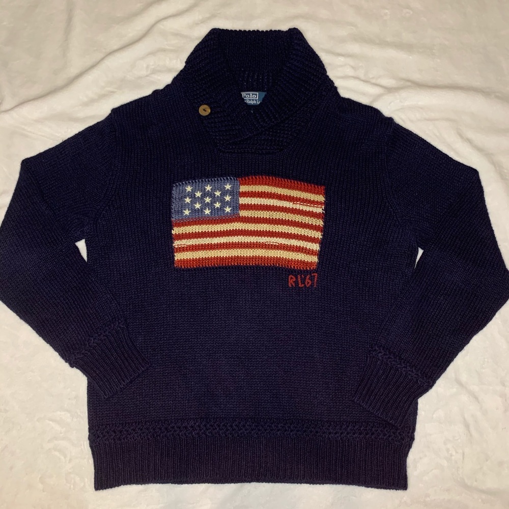 Beautiful Polo Ralph Lauren Silk Cotton Linen Cardigan with Signature USA Flag L